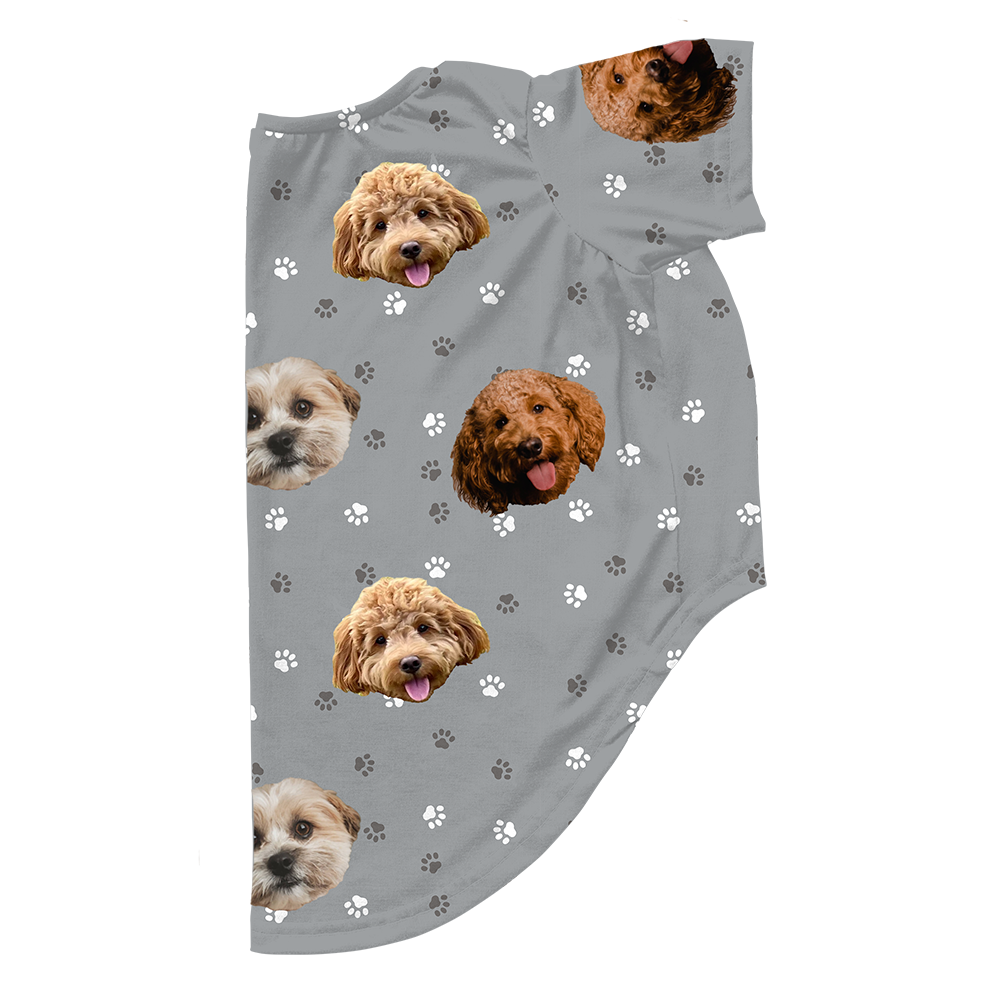 Gray dog pajama with repeating pet faces on them[SlateGrayPaws3Pets]