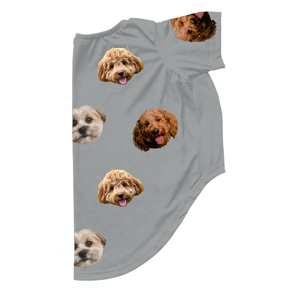 Gray dog pajama with repeating pet faces on them[SlateGray3Pets]