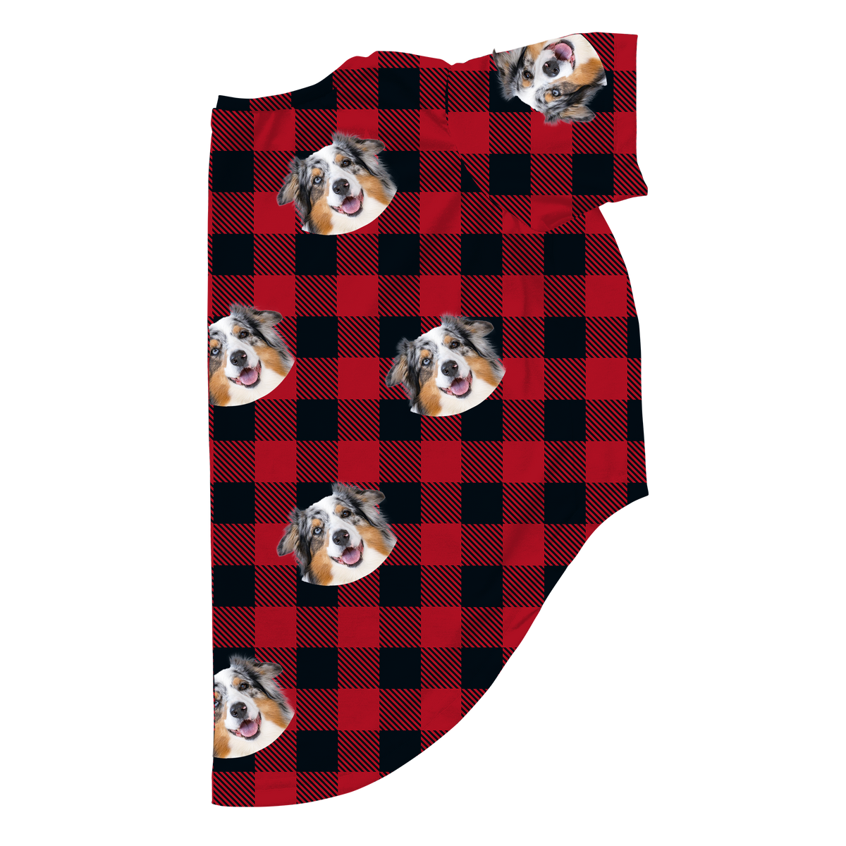 These are dog pajamas in a Buffalo Plaid print with repeating pet faces on them[BuffaloPlaidDogPajamas]