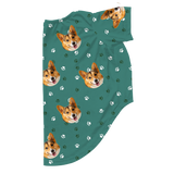 These are dog pajamas in a Green Paws print with repeating pet faces on them[GreenPawsDogPajamas]