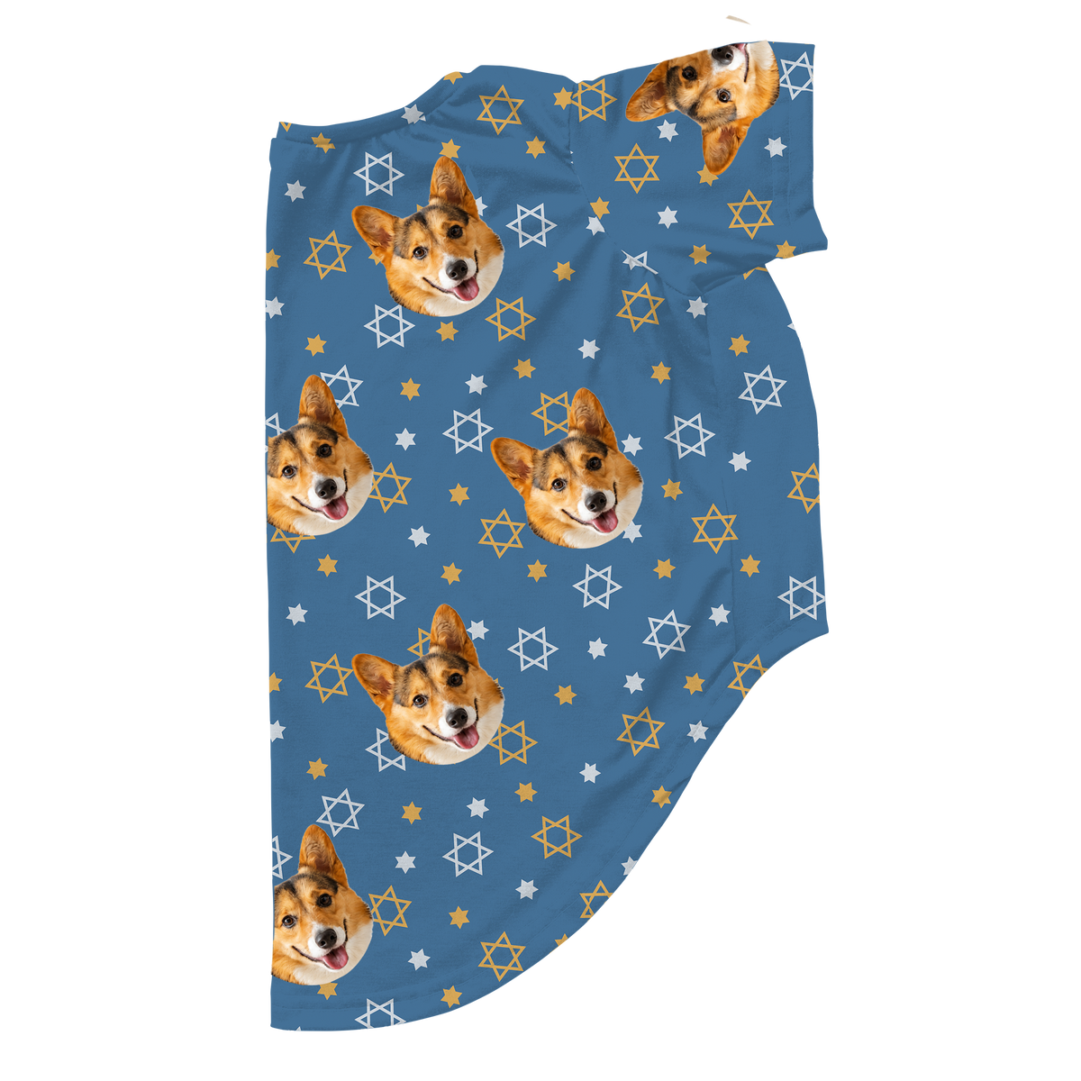These are dog pajamas in a Star of David print with repeating pet faces on them[StarofDavidDogPajamas]