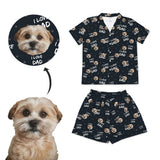 Custom pajamas set with short sleeves, featuring a pattern with a dog's face and the text 'I love dad'. The pajamas are displayed alongside an image of a brown dog.