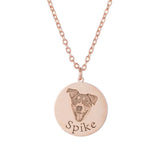 Rose Gold circular dog-portrait necklace engraved with the name 'Spike'.