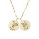 Gold necklace with 'Spike' and 'Fluffy' circular pendants with pet's faces.