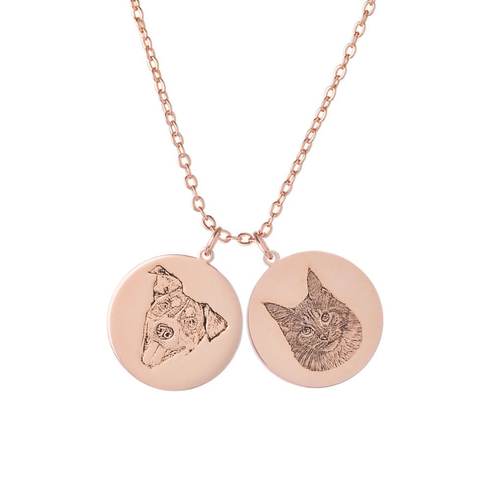 Rose gold necklace with 2 pendants a cat and a dog