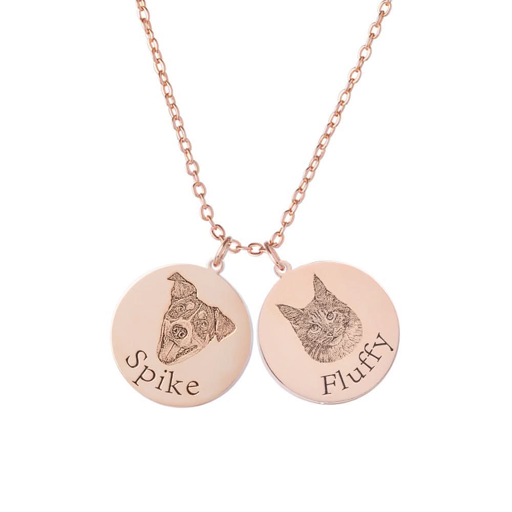 A rose gold necklace with two pendants one says spike and the other fluffy.