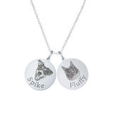 Silver necklace with 'Spike' and 'Fluffy' circular pendants with pet's faces.