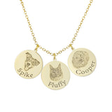 Yellow gold necklace with 'Spike', 'Fluffy', and 'Cooper' pet-portrait pendants.
