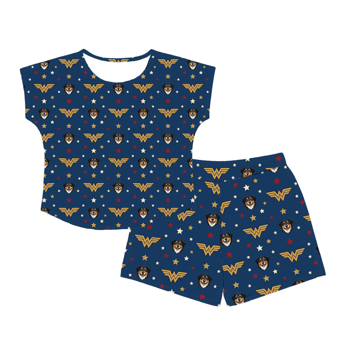 Pajama set with Wonder Woman pattern on a blue background