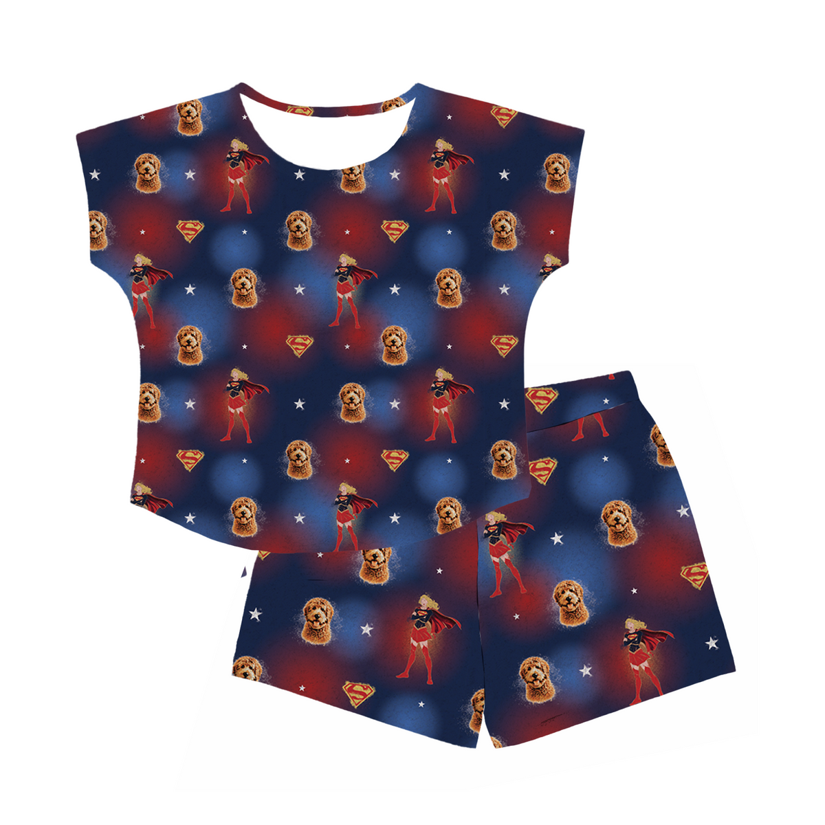 Superhero-themed children's outfit with a tank top and shorts on a white background[IconicSupergirl]