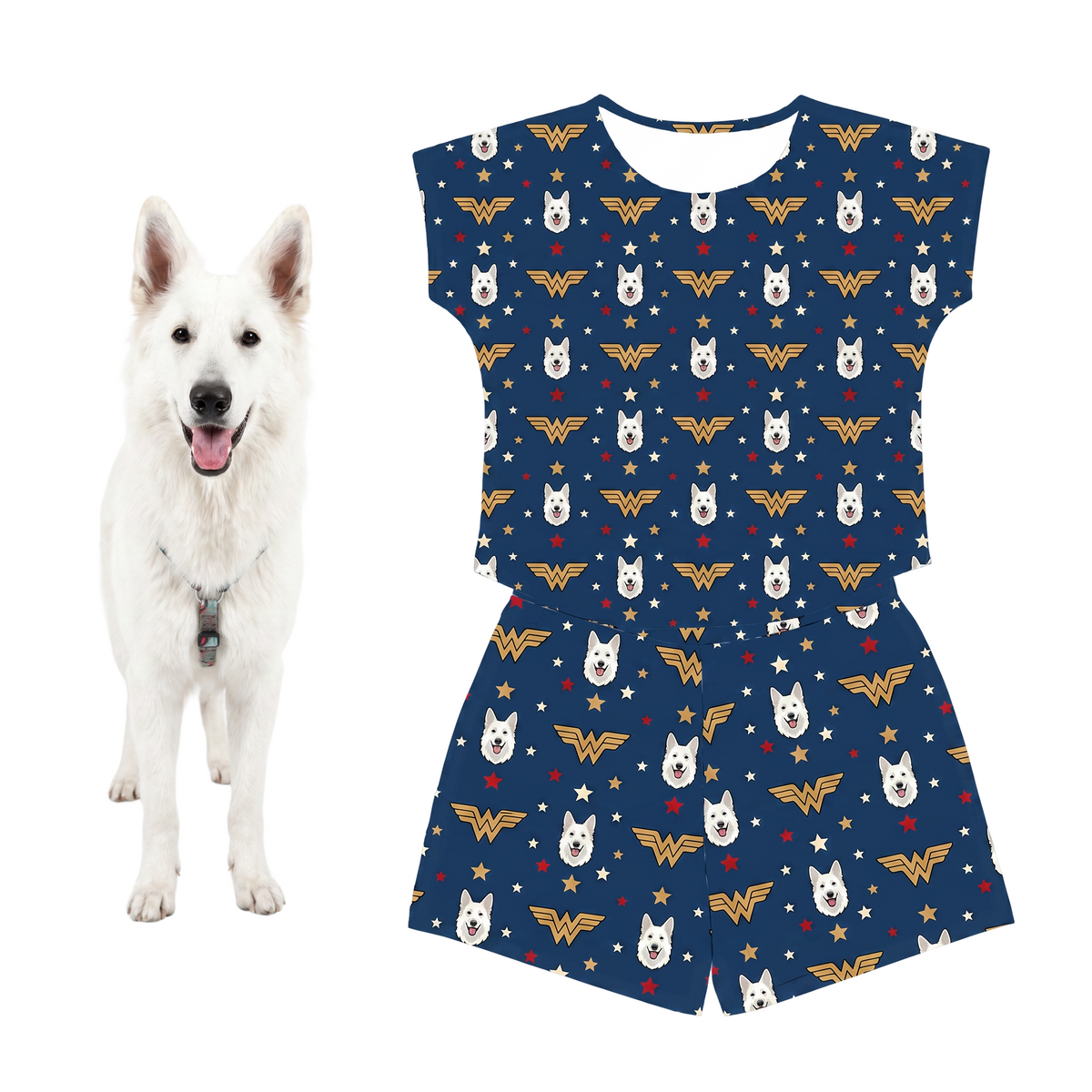 Dog wearing a blue romper with wonder woman pattern next to a white dog on a white background