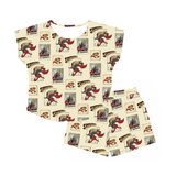 Supergirl-themed pajama set with matching top and shorts on a white background