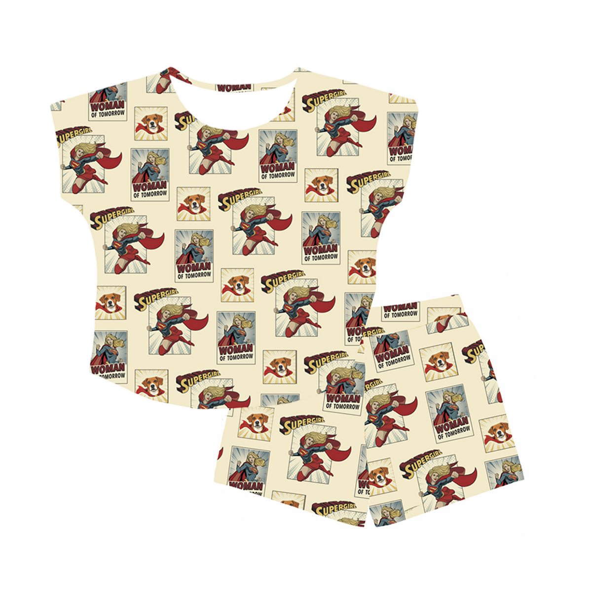 Supergirl-themed pajama set with matching top and shorts on a white background