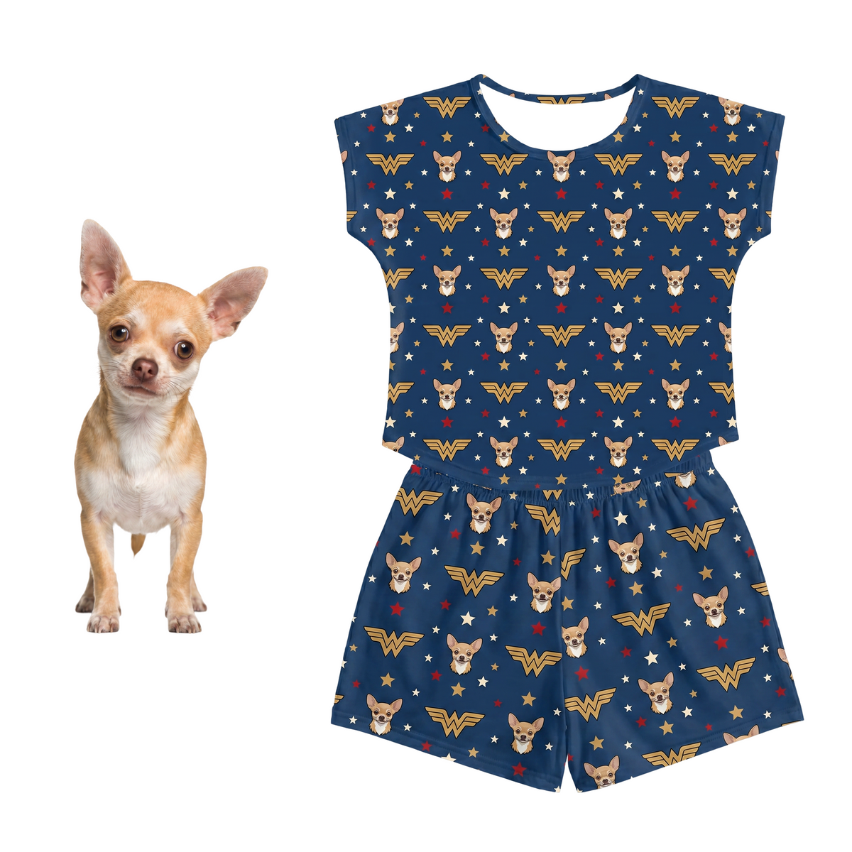 Dog next to a set of blue pajamas with Wonder Woman logo and dog pattern on a white background