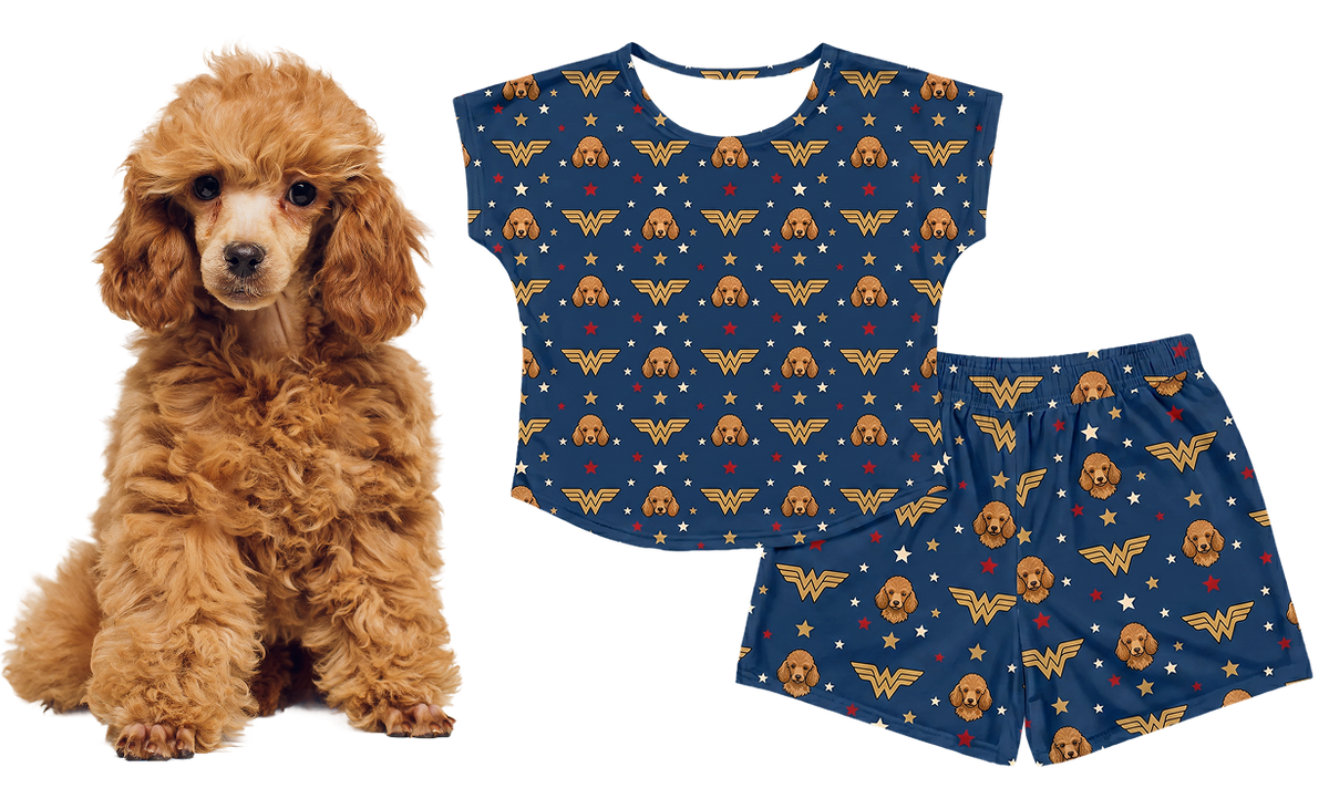 Dog wearing a Wonder Woman-themed outfit with a matching shirt and shorts on a white background