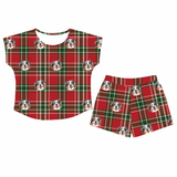 This is a Christmas Plaid print pajama set with a fitted t-shirt and pajama shorts covered in repeating pet faces[ChristmasPlaidFittedTShirtPajamaSet]