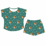 This is a Green Paws print pajama set with a fitted t-shirt and pajama shorts covered in repeating pet faces[GreenPawsFittedTShirtPajamaSet]