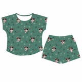 This is a Mistletoe print pajama set with a fitted t-shirt and pajama shorts covered in repeating pet faces[MistletoeFittedTShirtPajamaSet]