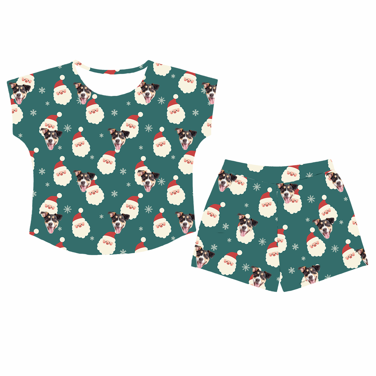 This is a Santa print pajama set with a fitted t-shirt and pajama shorts covered in repeating pet faces[SantaFittedTShirtPajamaSet]
