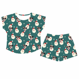 This is a Santa print pajama set with a fitted t-shirt and pajama shorts covered in repeating pet faces[SantaFittedTShirtPajamaSet]