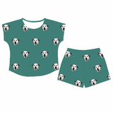 This is a Solid Green print pajama set with a fitted t-shirt and pajama shorts covered in repeating pet faces[SolidGreenFittedTShirtPajamaSet]