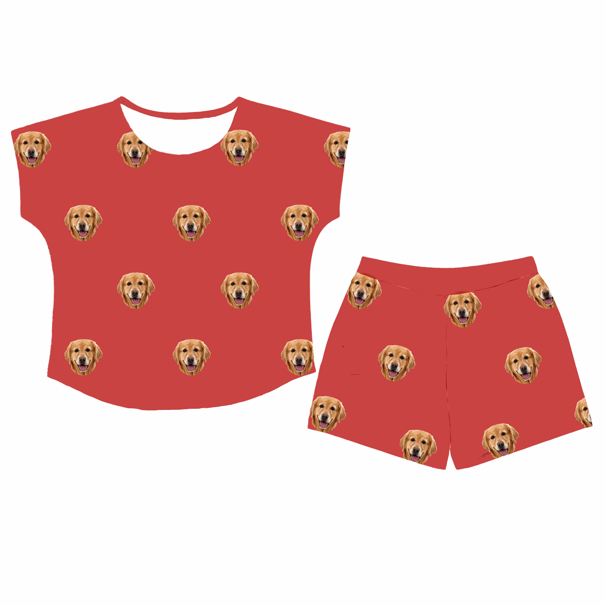 This is a Solid Red print pajama set with a fitted t-shirt and pajama shorts covered in repeating pet faces[SolidRedFittedTShirtPajamaSet]