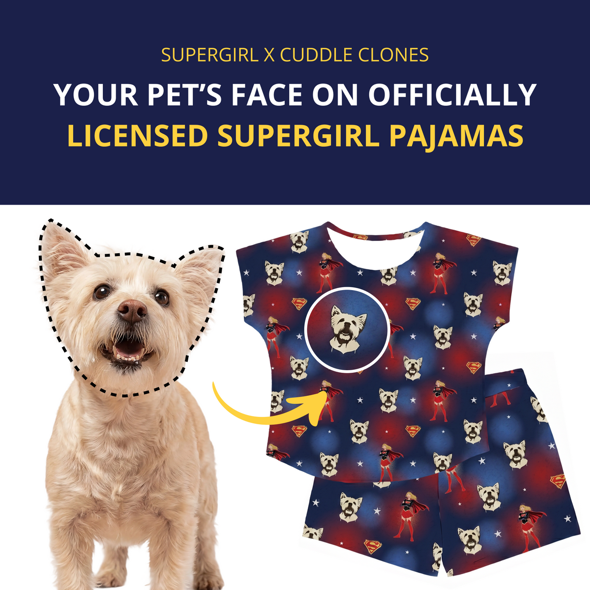 Dog with personalized Supergirl pajamas featuring its face, with text about pet's face on Supergirl pajamas.