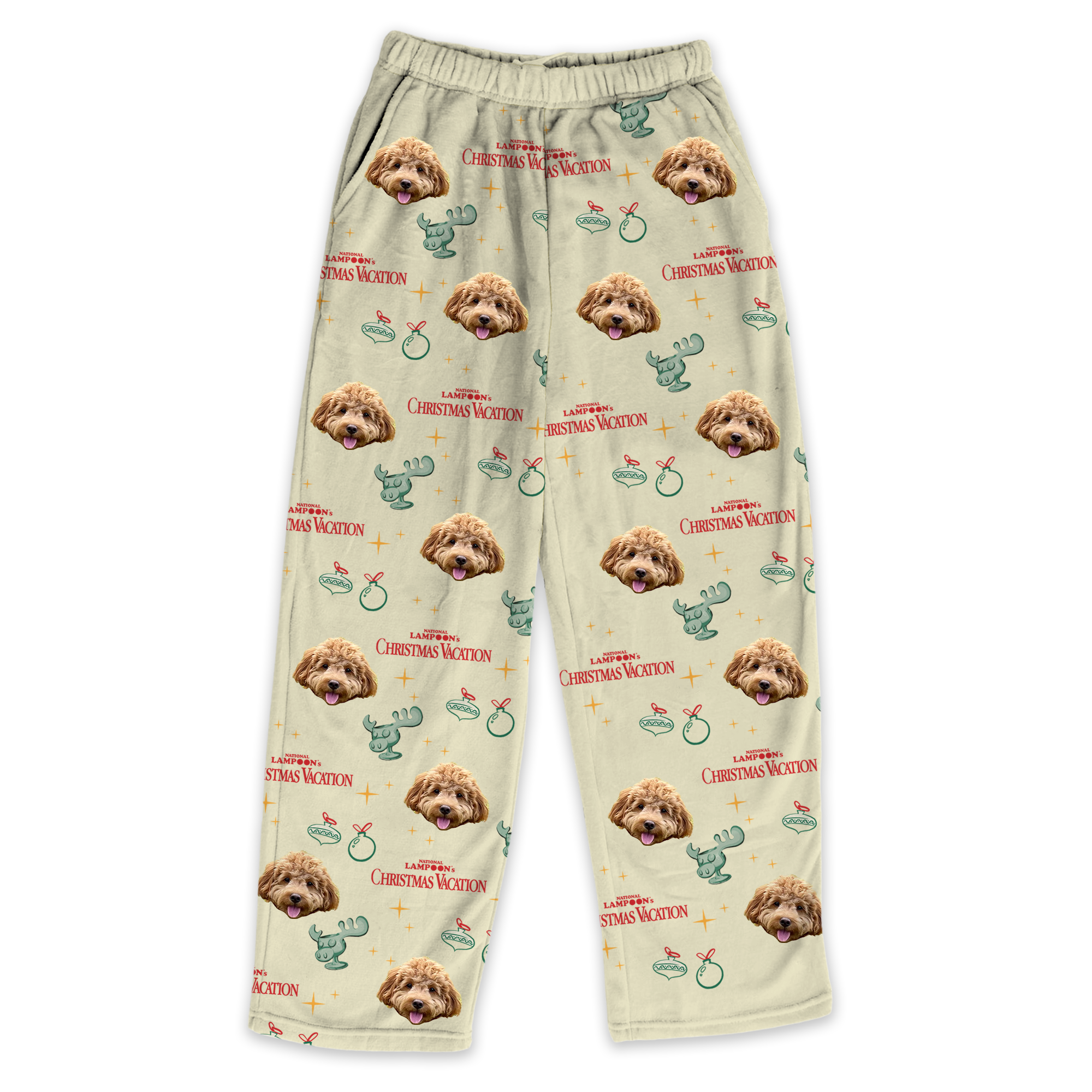 Beige fleece pants featuring a repeating dog's face pattern, green moose mug icons and red 