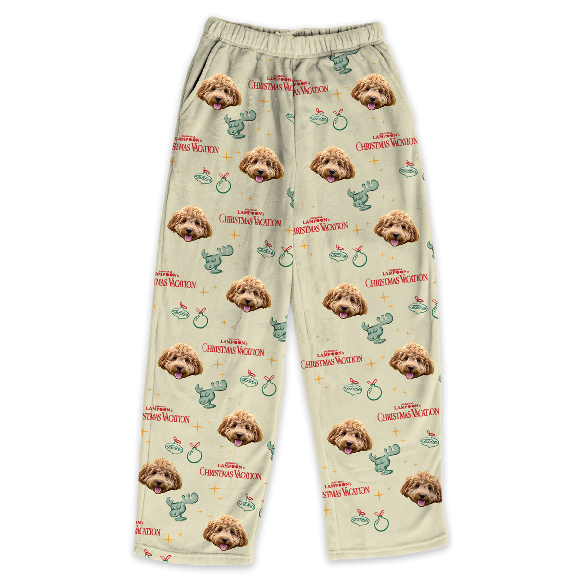 Beige fleece pants featuring a repeating dog's face pattern, green moose mug icons and red "Christmas Vacation" text.