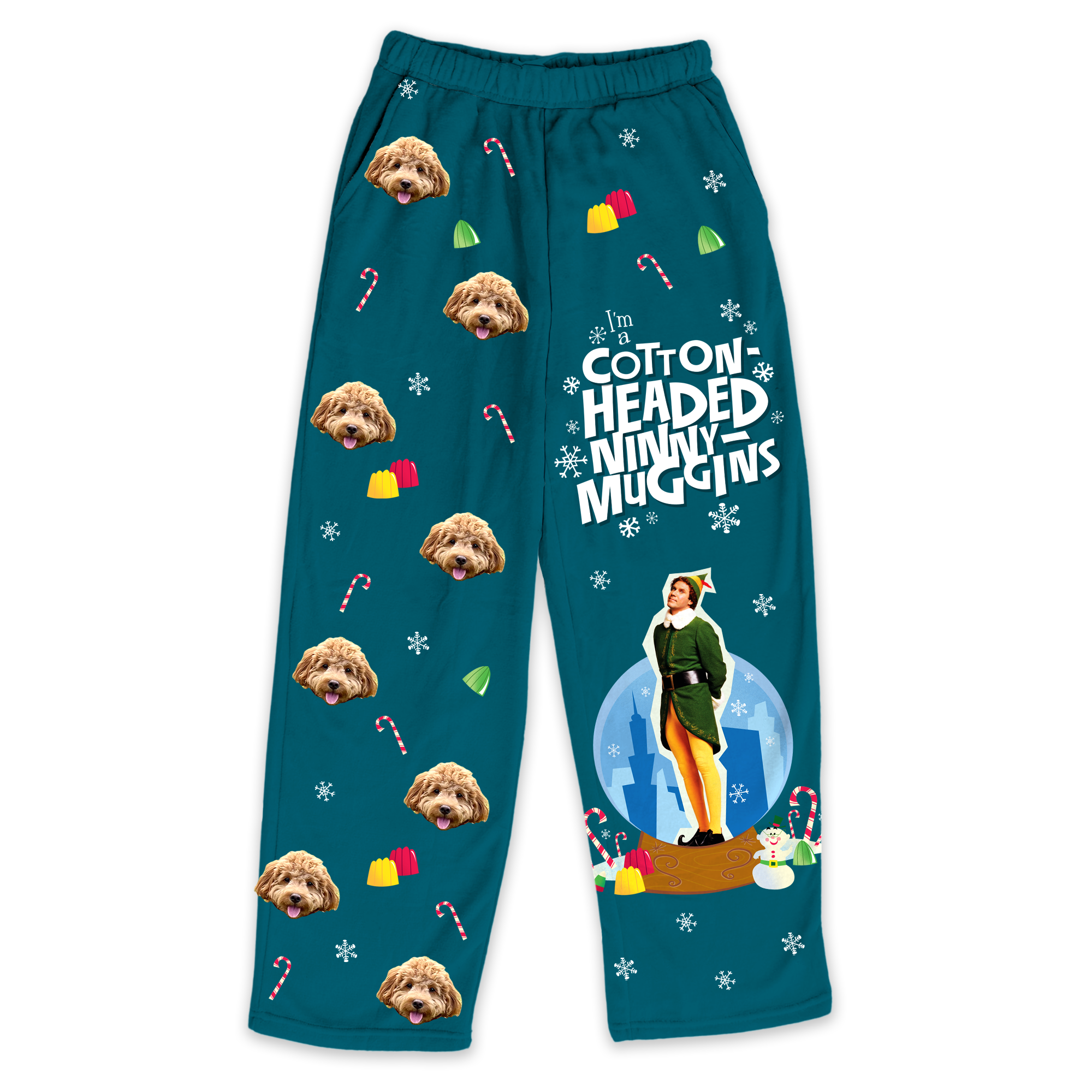 Teal fleece pajama pants featuring a repeating dog's face pattern, candy canes and gumdrops with the phrase 