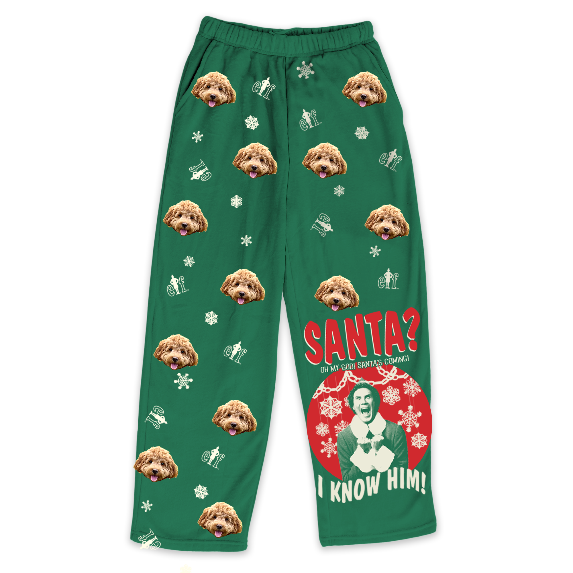 Green fleece pajama pants featuring a repeating dog's face pattern, snowflakes and the phrase 