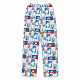 A pair of children's pants featuring an all-over repeating pattern of cartoon polar bears in blue and white squares, displayed flat against a solid white background.