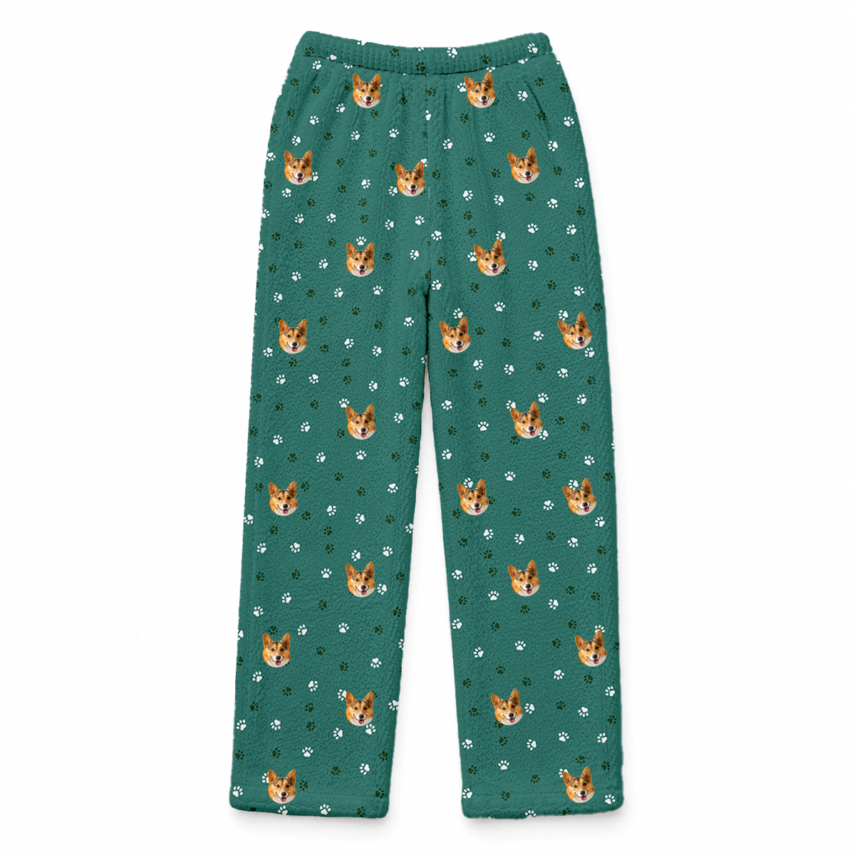 These are fleece pajama pants in a Green Paws print with repeating pet faces on them[GreenPawsFleecePajamaPants]