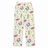 A pair of children's pajama pants featuring a festive Christmas print with Dalmatian dog faces in Santa hats, red 'Ozzy' text, green ornaments, and yellow gift boxes on a cream background.[FleecePants_Kids_2]