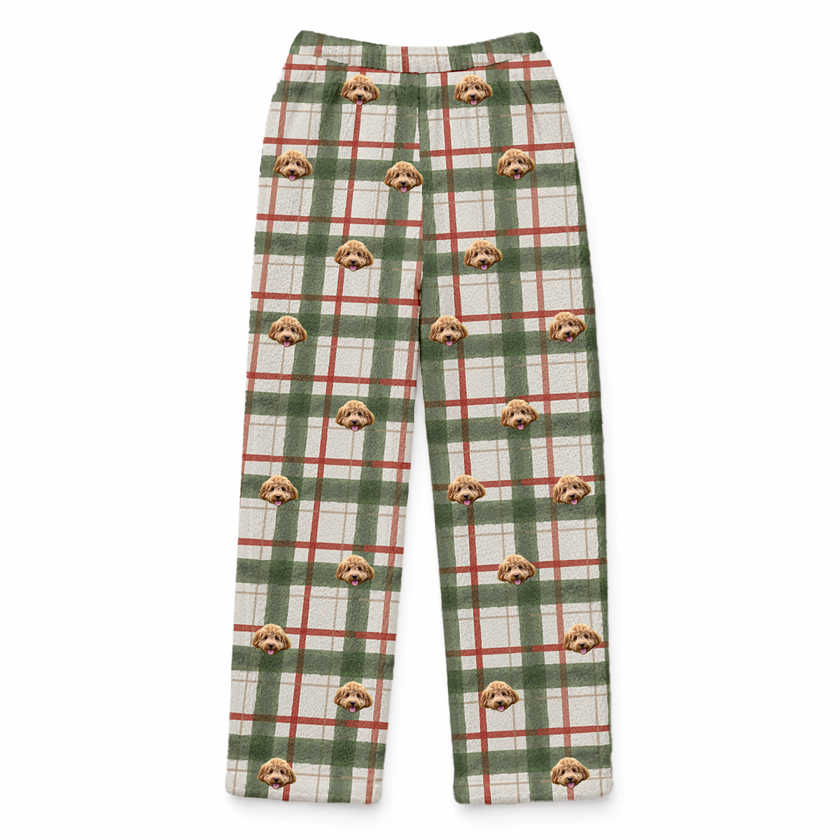 These are fleece pajama pants in a Light Christmas Flannel print with repeating pet faces on them[LightChristmasFlannelFleecePajamaPants]