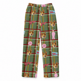 Men’s green plaid fleece pants featuring custom dog portraits, pink Ralphie bunny suit figures, and A Christmas Story-inspired graphics on a white background.