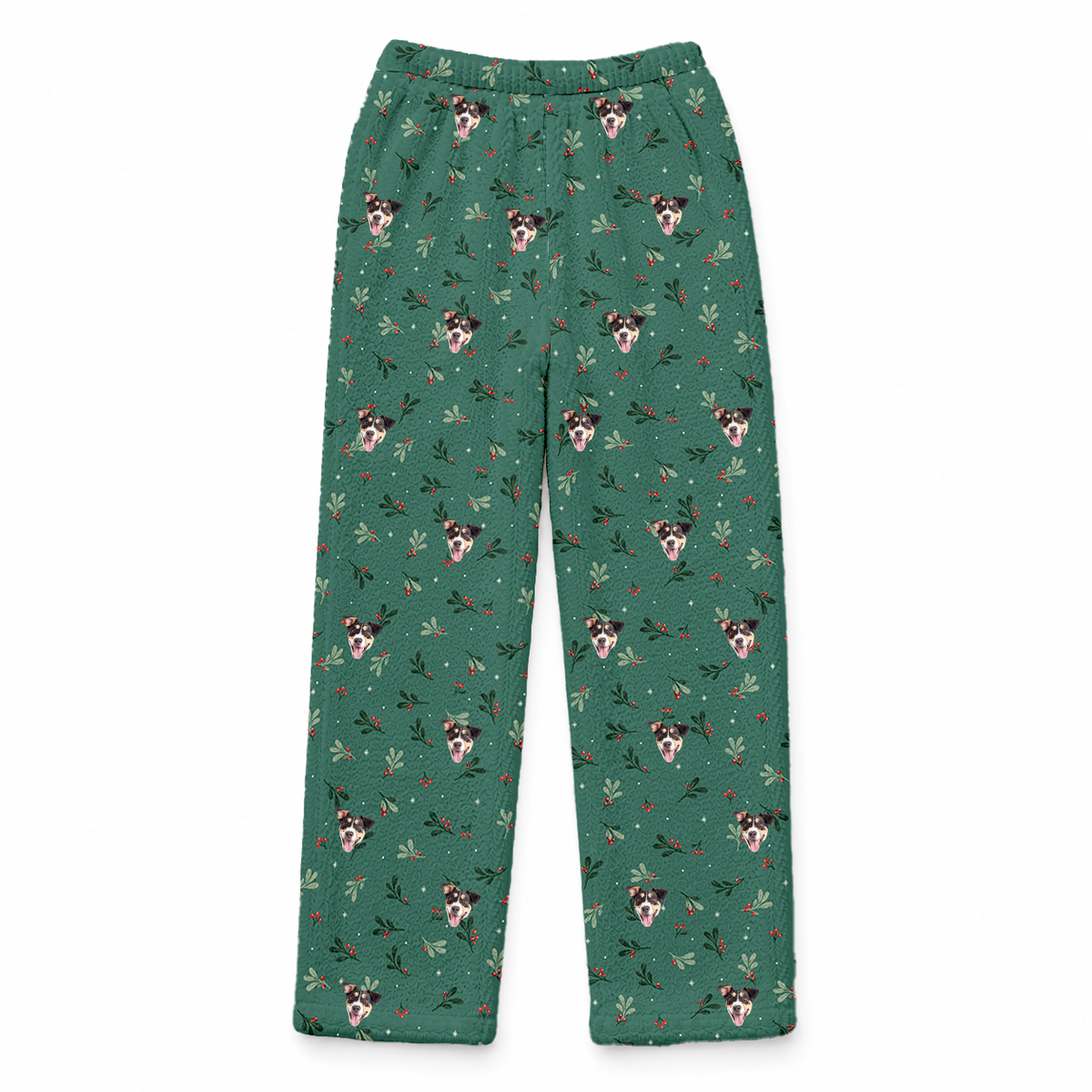 These are fleece pajama pants in a Mistletoe print with repeating pet faces on them[MistletoeFleecePajamaPants]