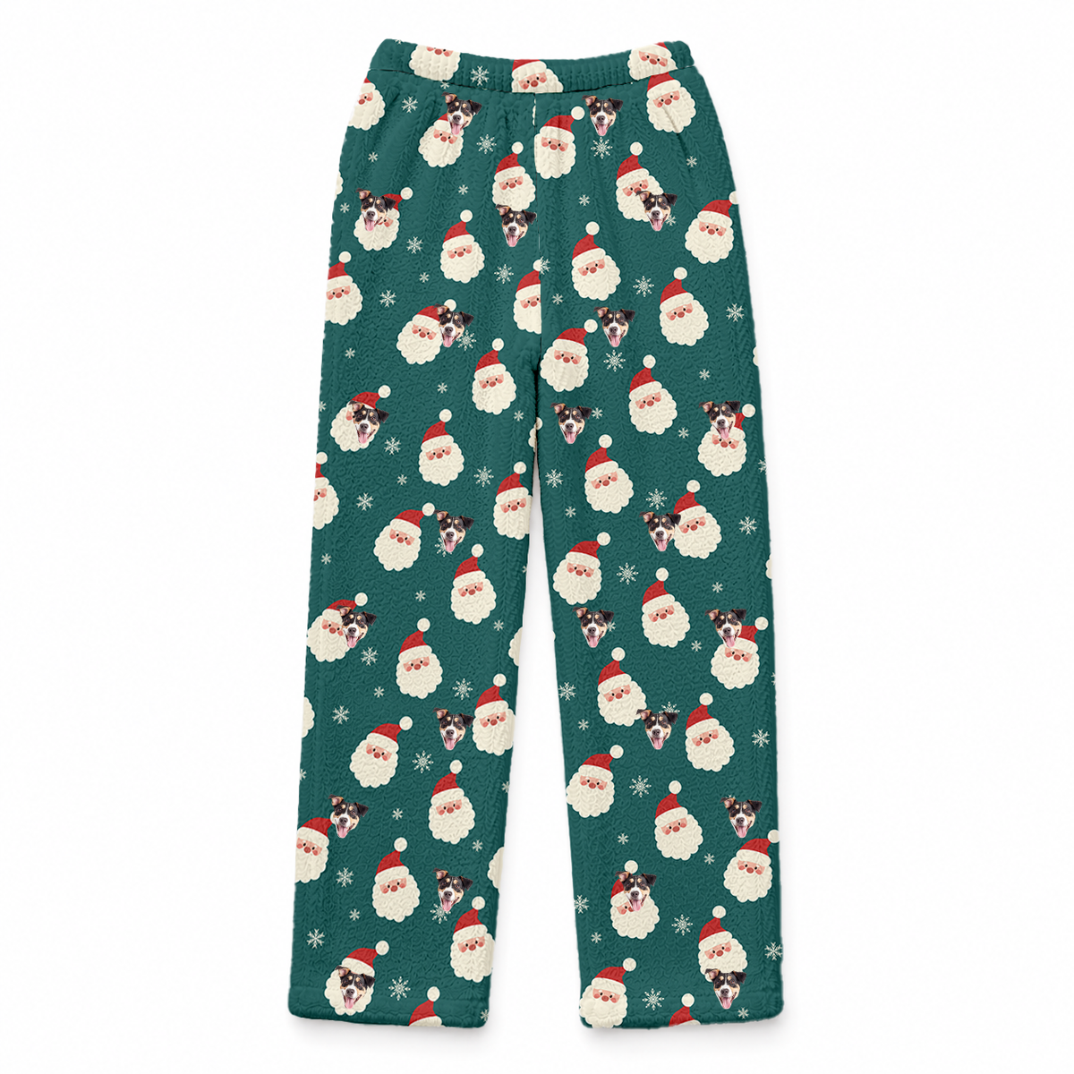 These are fleece pajama pants in a Santa print with repeating pet faces on them[SantaFleecePajamaPants]