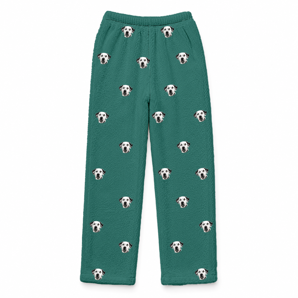 These are fleece pajama pants in a Solid Green print with repeating pet faces on them[SolidGreenFleecePajamaPants]