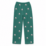 These are fleece pajama pants in a Solid Green print with repeating pet faces on them[SolidGreenFleecePajamaPants]