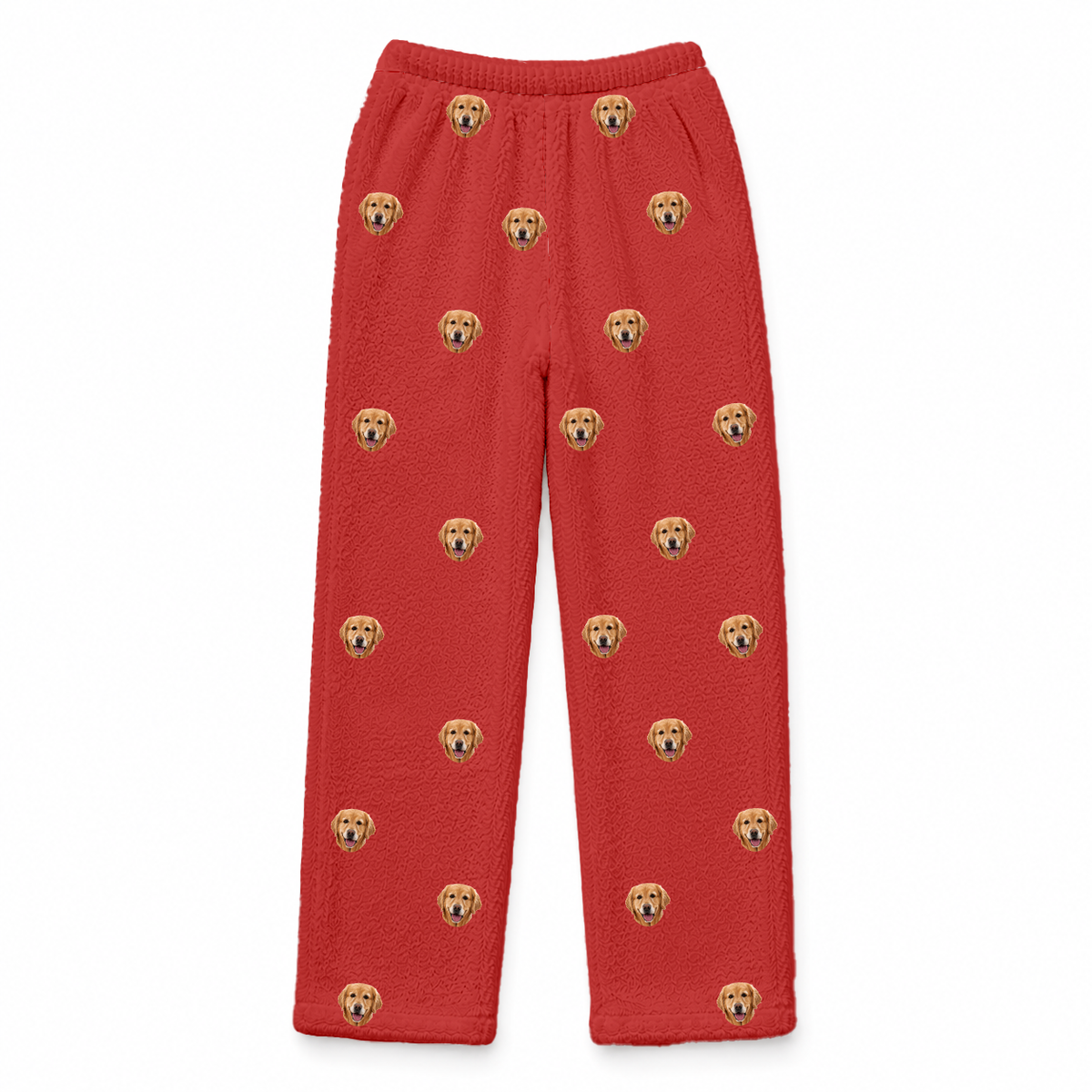 These are fleece pajama pants in a Solid Red print with repeating pet faces on them[SolidRedFleecePajamaPants]