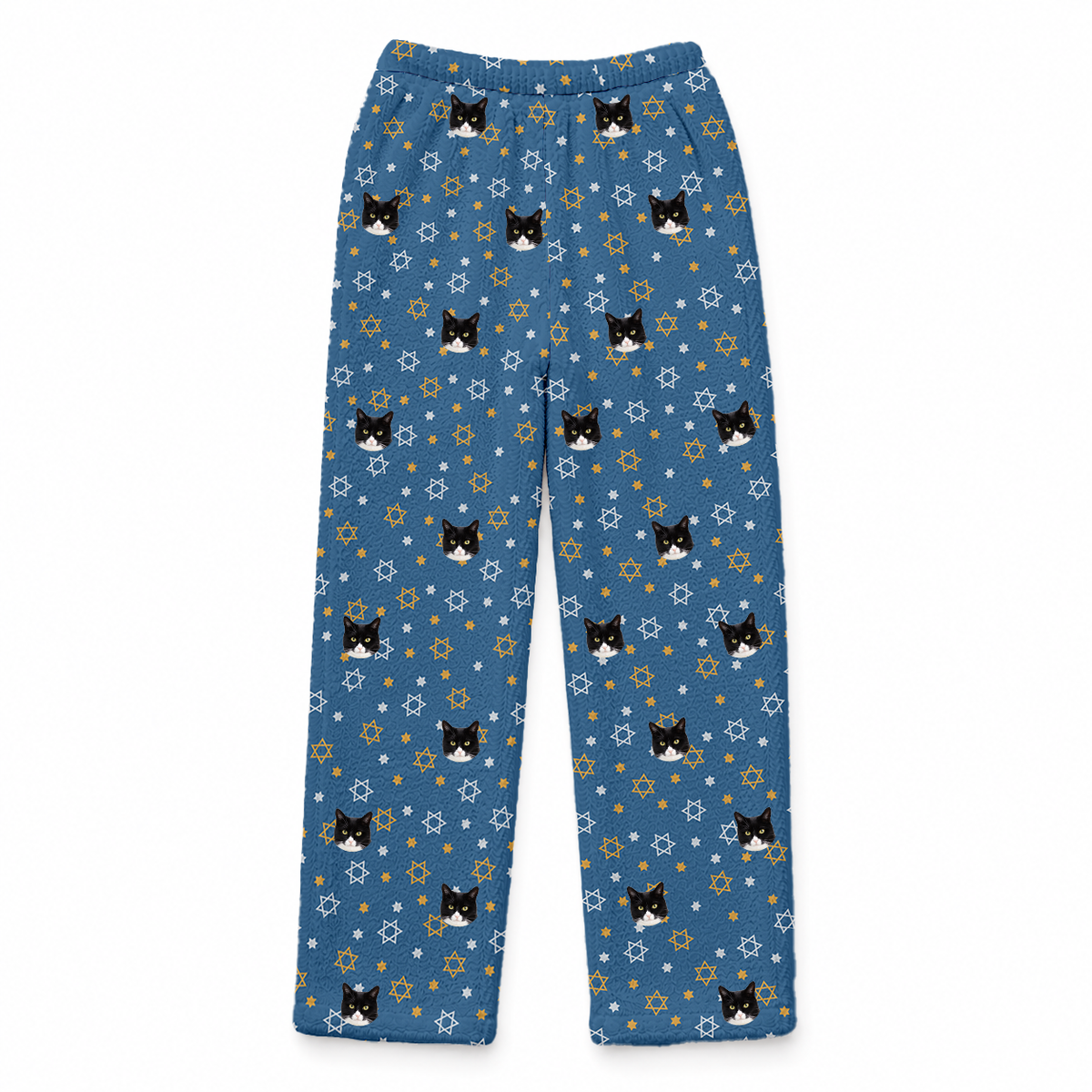 These are fleece pajama pants in a Star of David print with repeating pet faces on them[StarofDavidFleecePajamaPants]