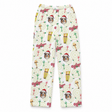 A pair of children's holiday-themed pajama pants featuring an all-over print of Christmas ornaments, a dog wearing a Santa hat, and the word 'Ozzy' on a cream background.[FleecePants_Women_2]