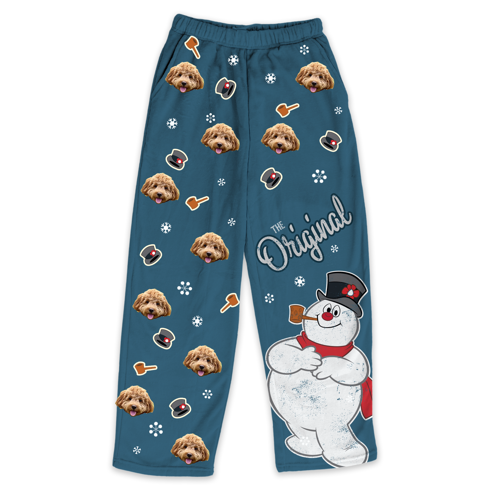 Blue fleece pajama pants featuring a repeating dog's face pattern and small hat and pipe icons, with a Frosty the Snowman graphic and the phrase 