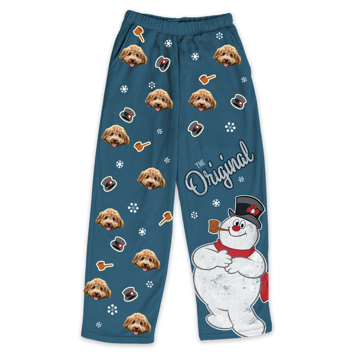 Blue fleece pajama pants featuring a repeating dog's face pattern and small hat and pipe icons, with a Frosty the Snowman graphic and the phrase "The Original".