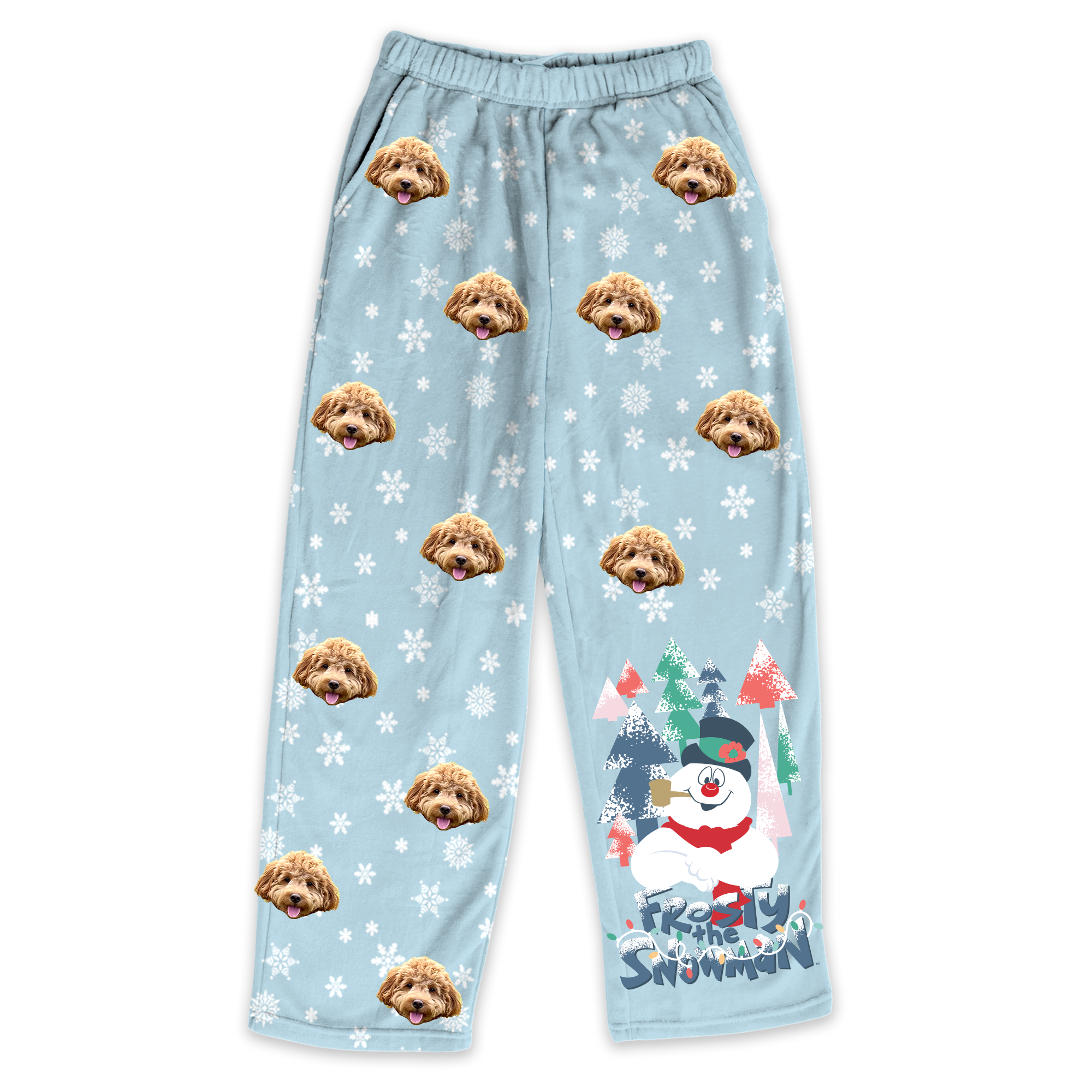 Light blue fleece pajama pants featuring a repeating dog's face pattern and white snowflakes, with a Frosty the Snowman graphic at the bottom.
