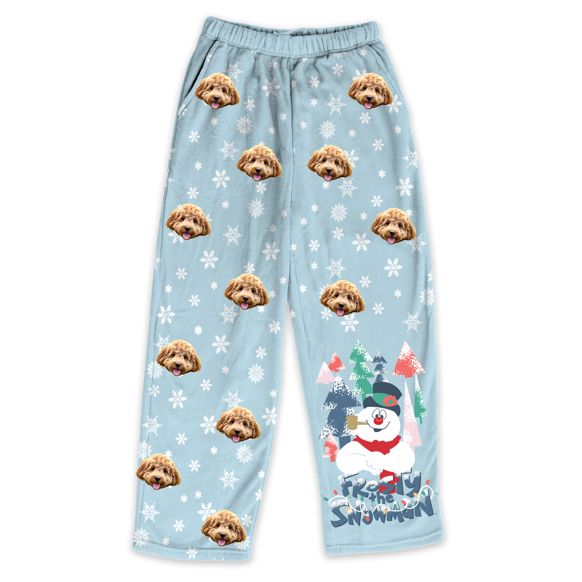 Light blue fleece pajama pants featuring a repeating dog's face pattern and white snowflakes, with a Frosty the Snowman graphic at the bottom.