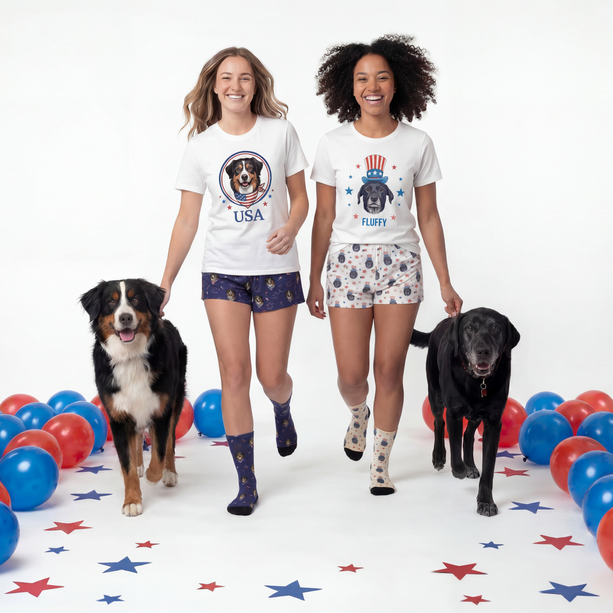 Two women walking with dogs on a white background with colorful balloons and star decorations.