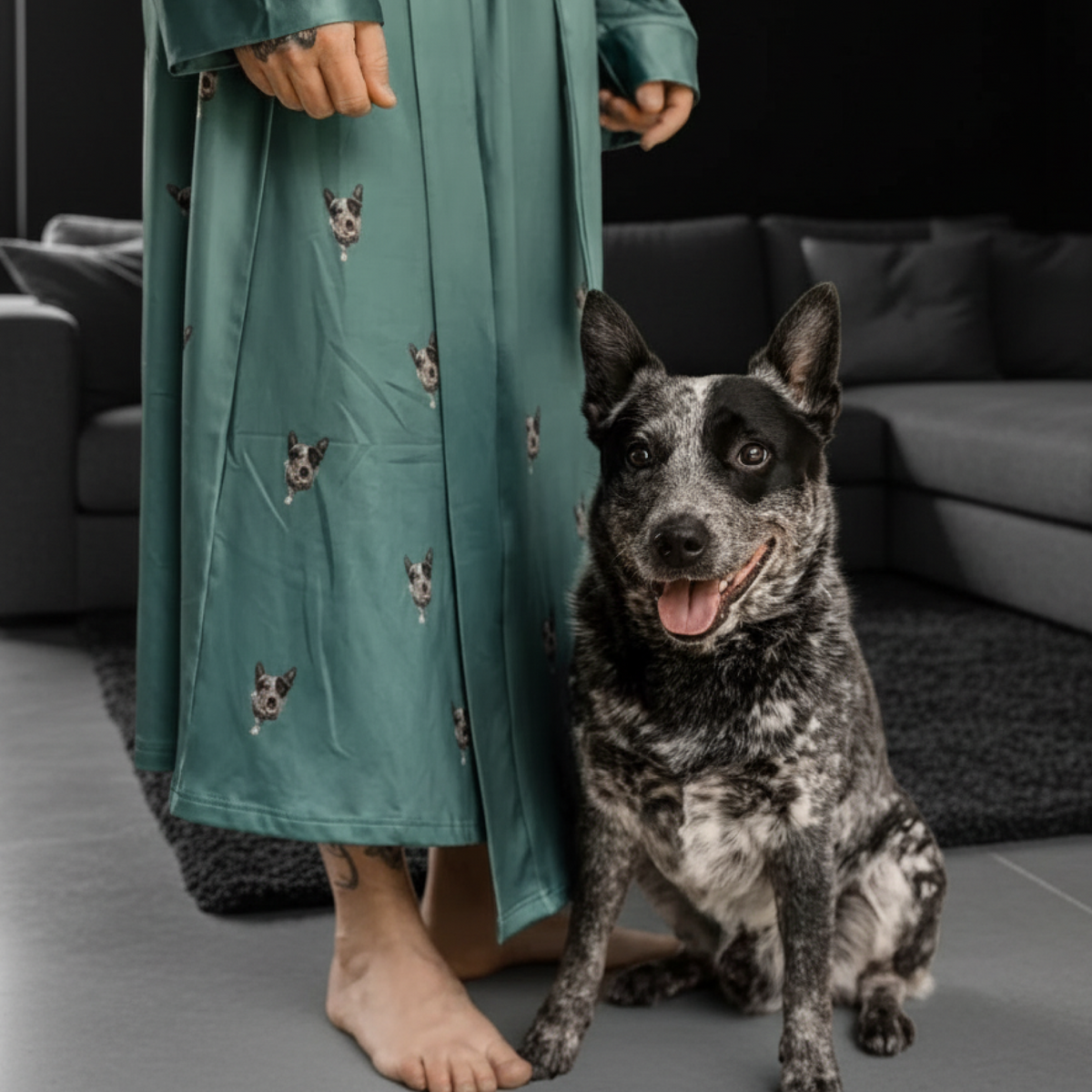 Person wearing a green robe with dog patterns standing next to a dog.