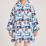 A light blue hooded sweatshirt with a repeating cartoon dog print, shown on a model against a plain light gray background.